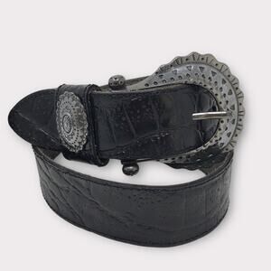 Avignon Black & Silver Leather Boho Belt Croc-Embossed Texture Medium